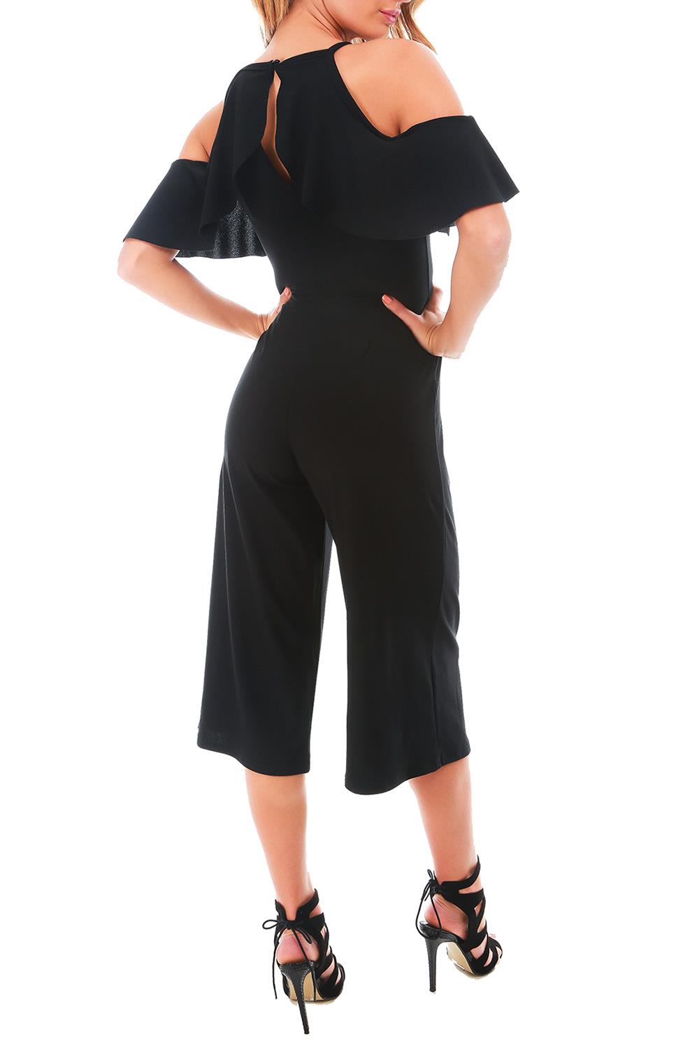 Womens All in One Culotte Stripes Strappy Cold Shoulder Frill Palazzo Jumpsuit