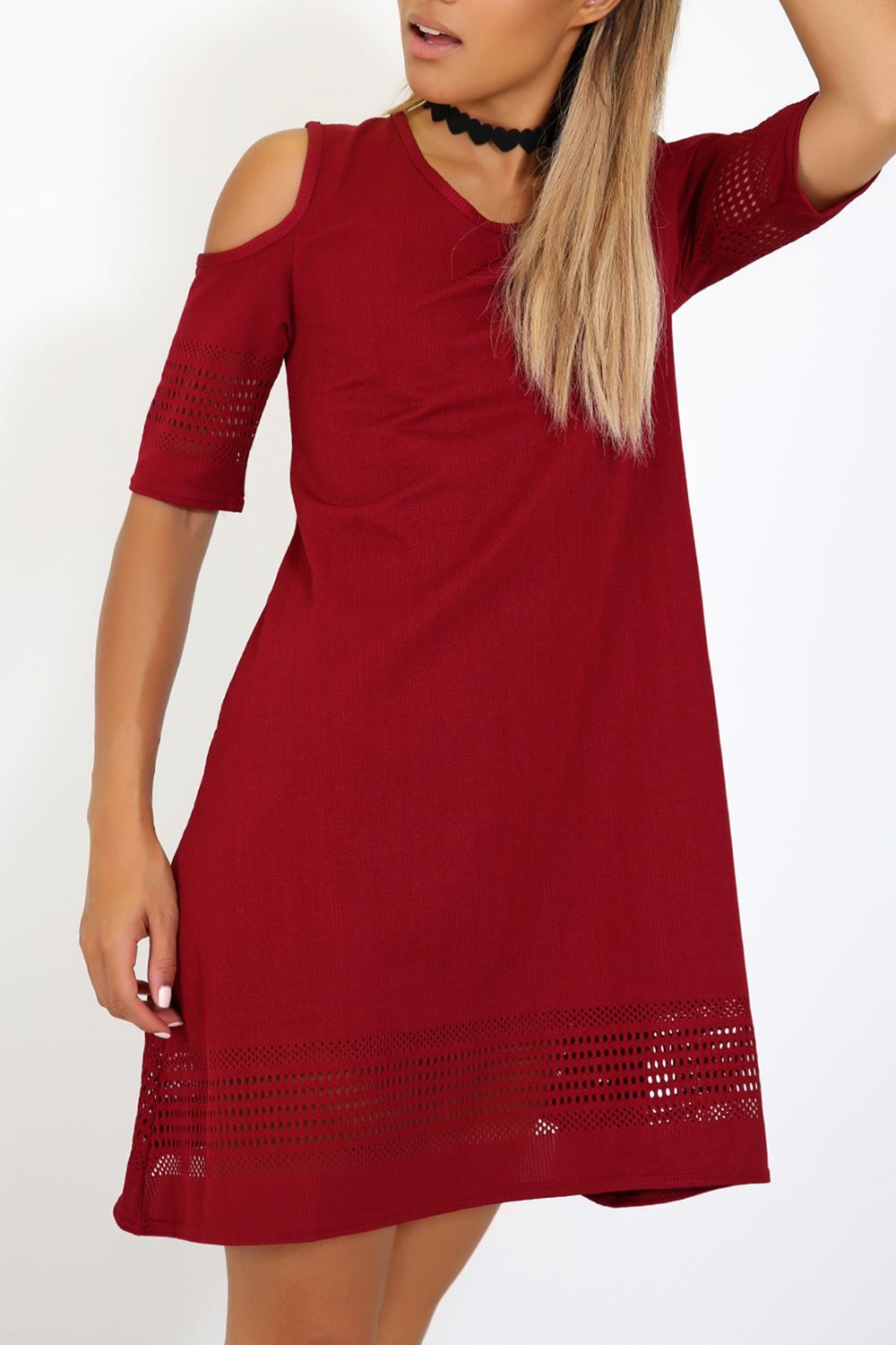 Women Ladies Laser Cut Short Sleeve Cold Shoulder Flared Smock Skater Mini Dress