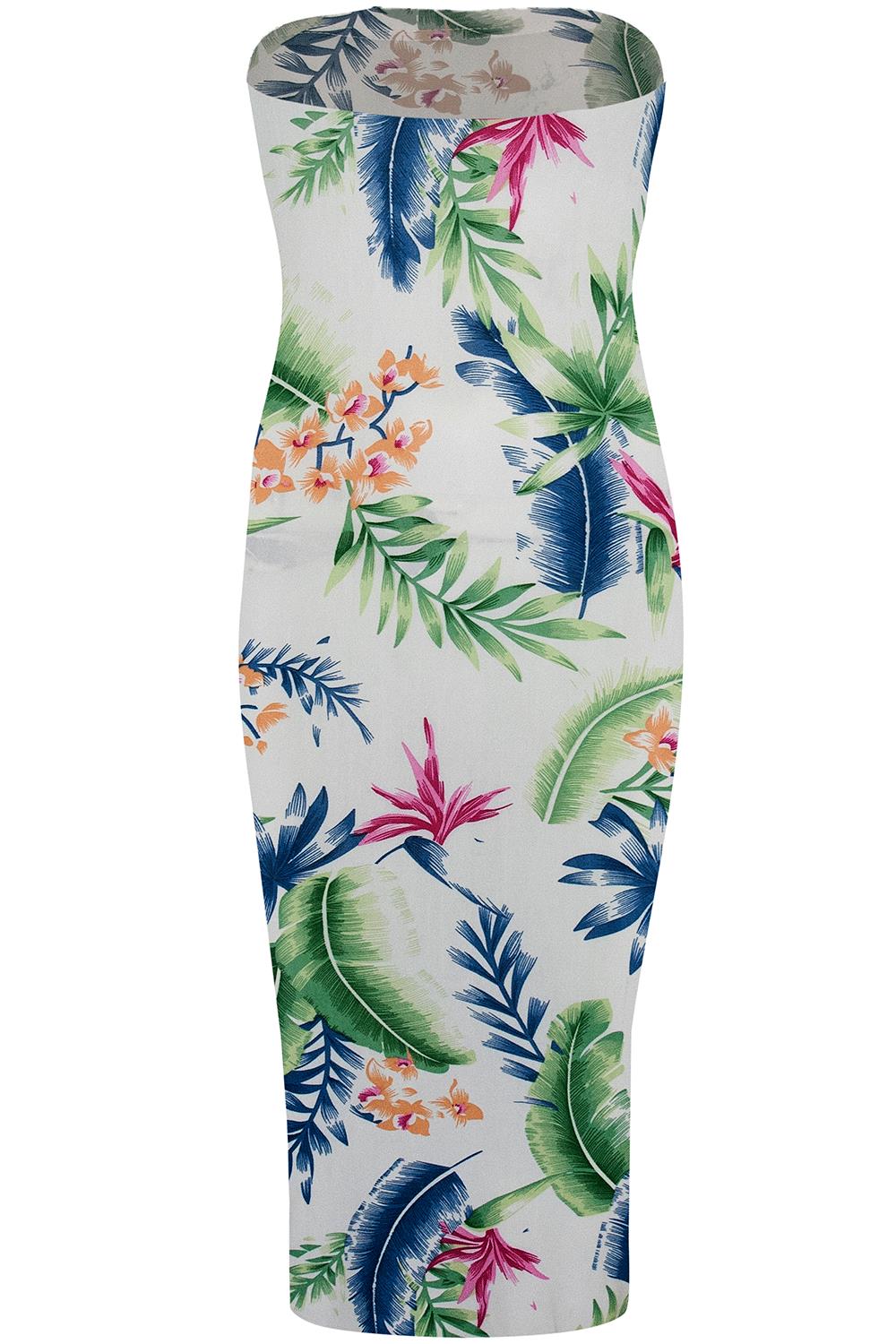 Womens Ladies Floral Rose Printed Strapless Midi Bandeau Boobtube Bodycon Dress