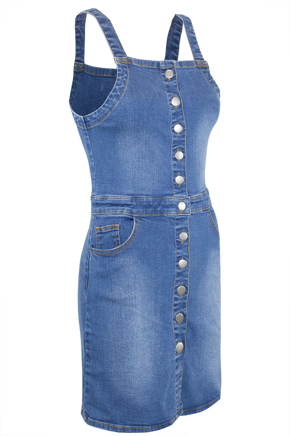 Ladies Womens Pinafore Denim Overall Faded Pockets Strap Dungaree Mini Dresses