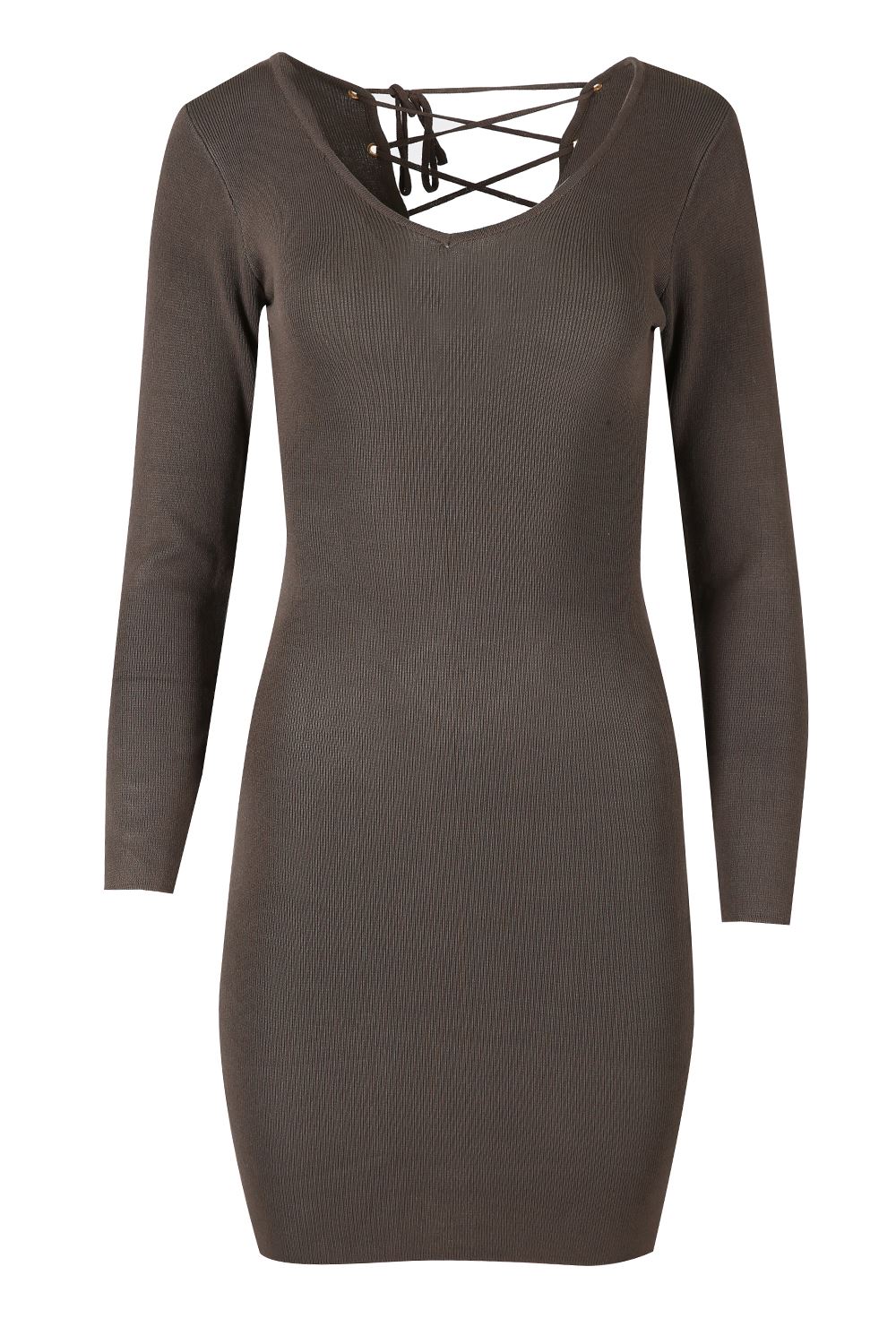 Womens Ladies Knit Deep V Plunge Neck Lace Tie Up Deep Back Bodycon Mini Dress