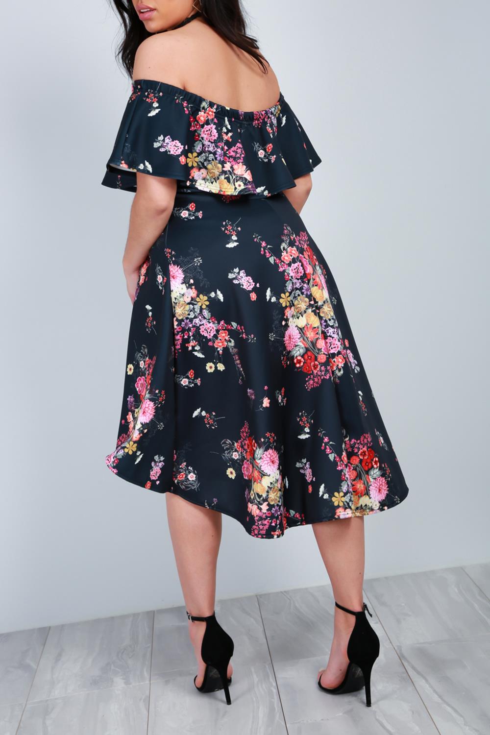 Femme Femmes Off Le Épaule Freya Floral Bardot Peplum Haute Basse Midi robe