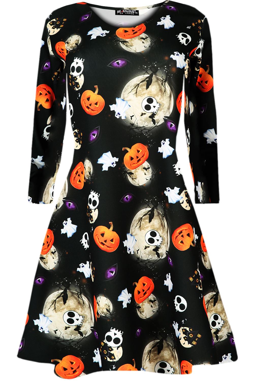 Womens Ladies Skull Pumpkin Cat Bat Spider Cobweb Witch Skater Mini Swing Dress