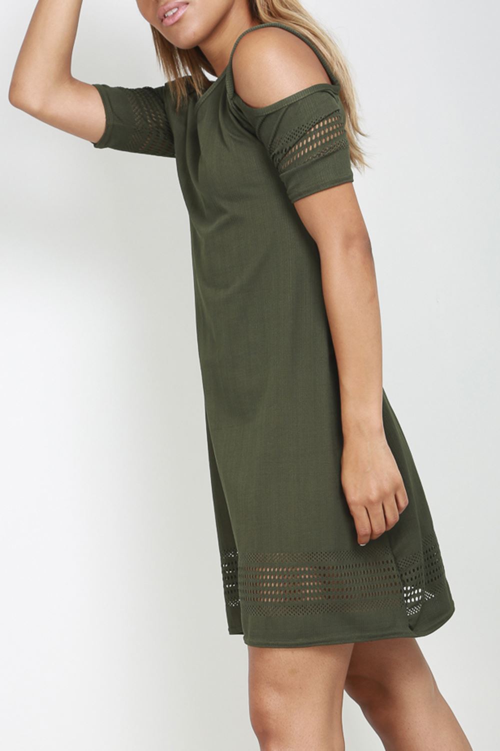 Women Ladies Laser Cut Short Sleeve Cold Shoulder Flared Smock Skater Mini Dress