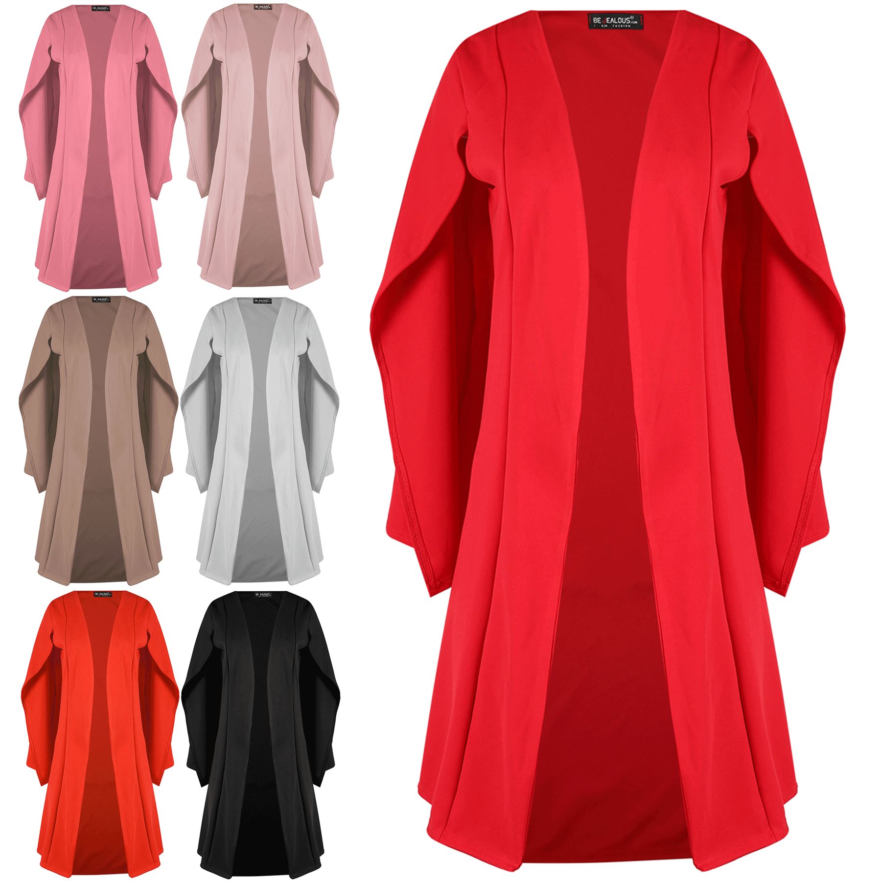 Womens Longline Midi Length Cape Ladies Shawl Collared Open Placket Blazer Coat