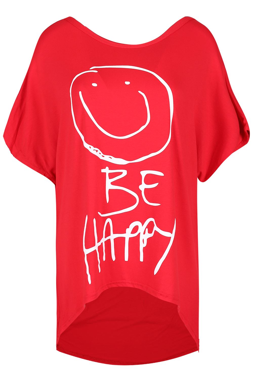 Ladies Oversize SMILEY BE HAPPY Women Round Neck Baggy Batwing Hi Lo T Shirt Top