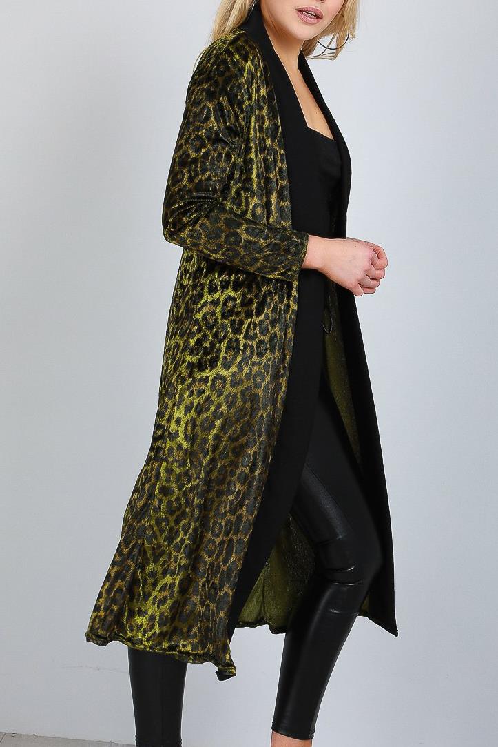 Ladies Womens Long Sleeve Velvet Velour Leopard Print Open Front Blazer Cardigan