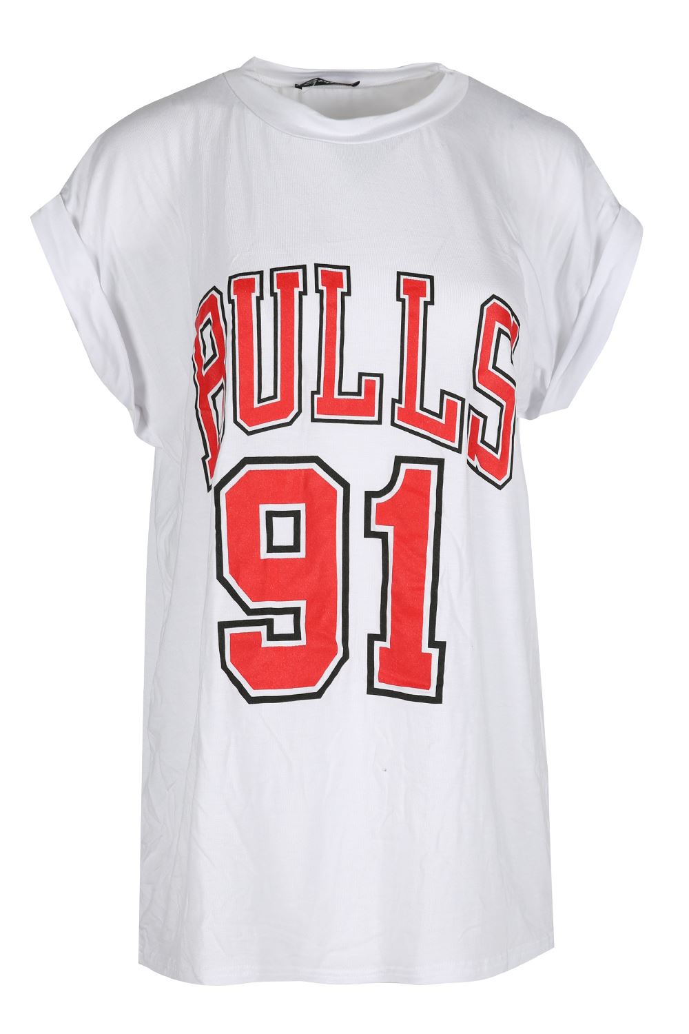 Womens Ladies BULLS 91 Varsity Sports Round Neck Turn Up Cap Sleeve T Shirt Top