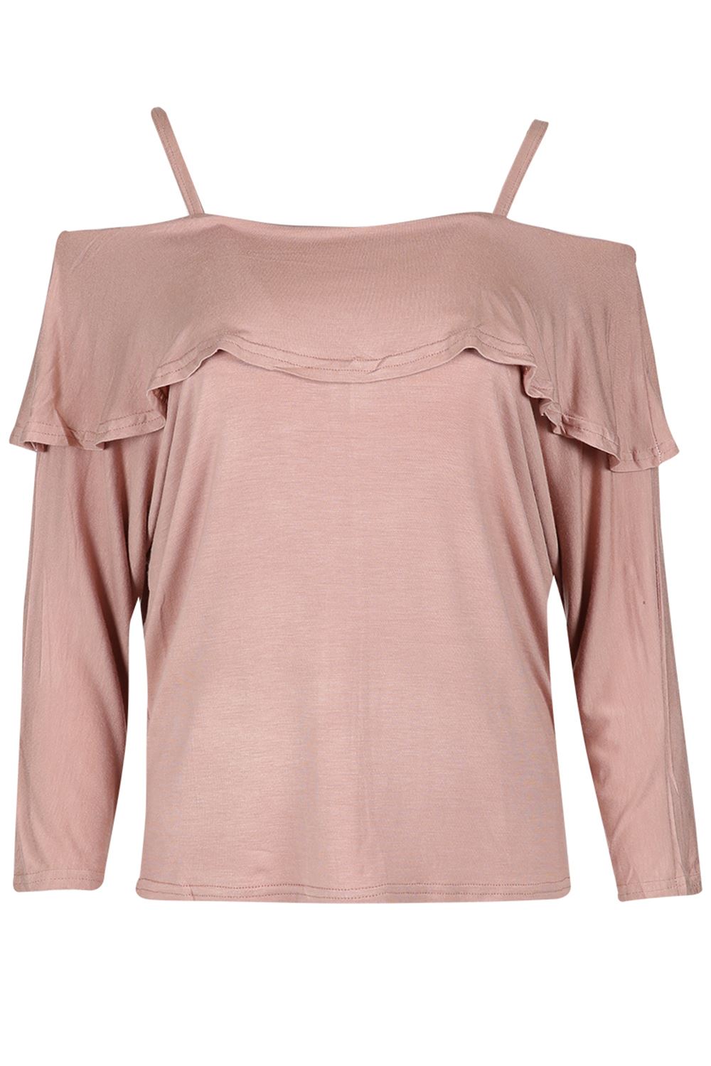 Ladies Womens Cami Wide Strappy Long Sleeve Off Cold Shoulder Peplum Bardot Top