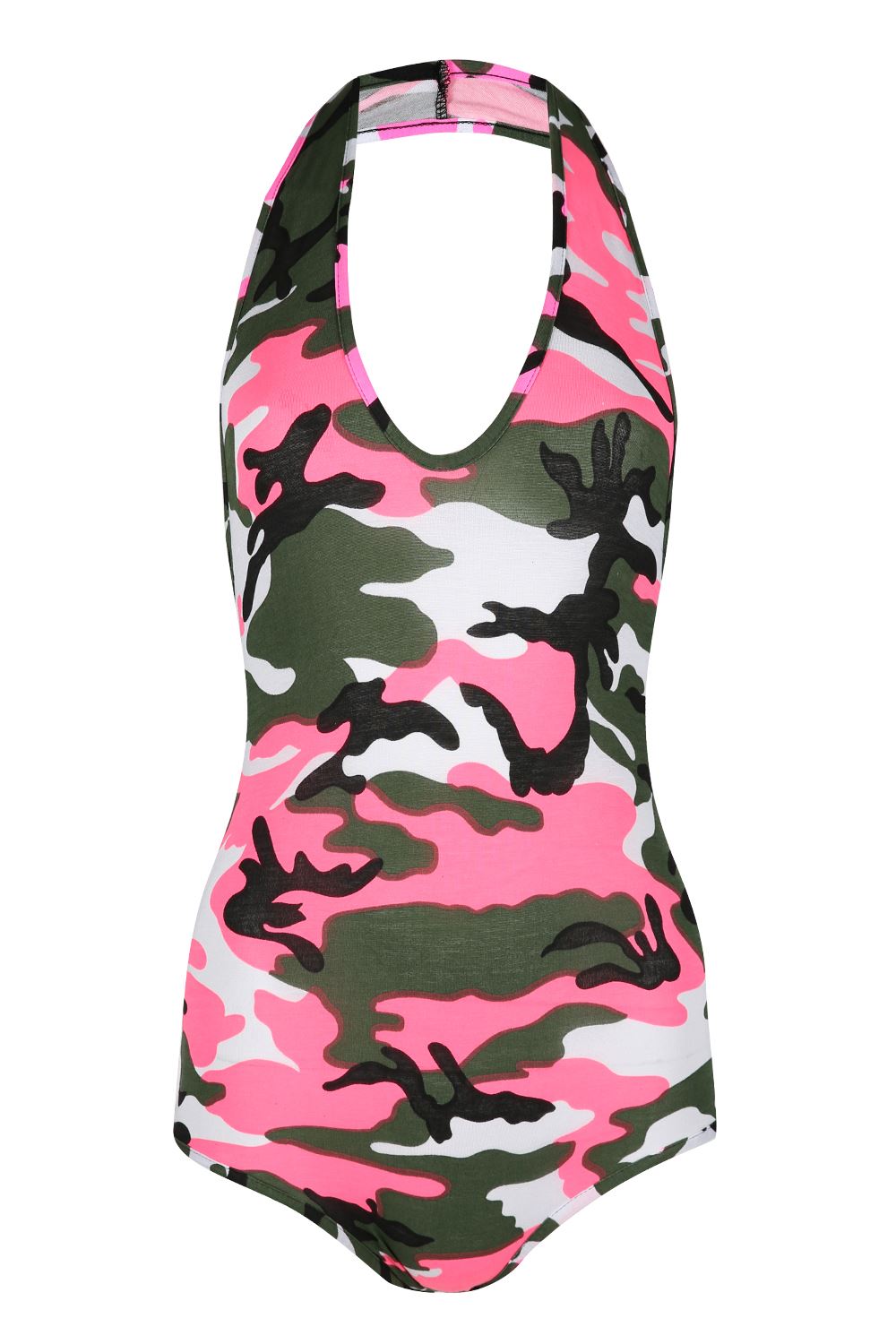Mujeres Señoras Impreso JERSEY STRETCHY monos BACKLESS Cuello Halter Top Leotardo