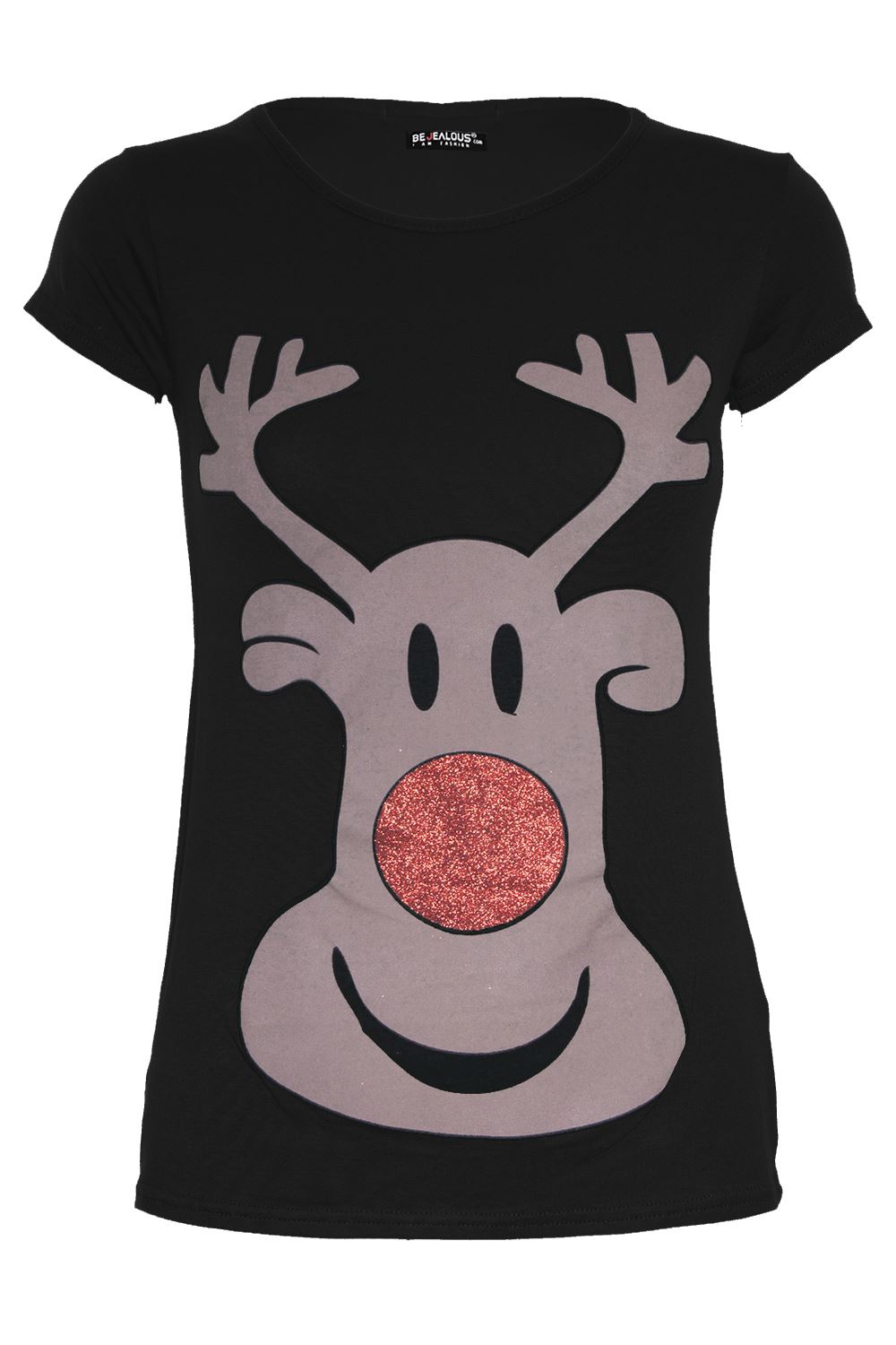 Kids Children Girls Reindeer Face Print Glitter Nose Cap Sleeve Christmas TShirt