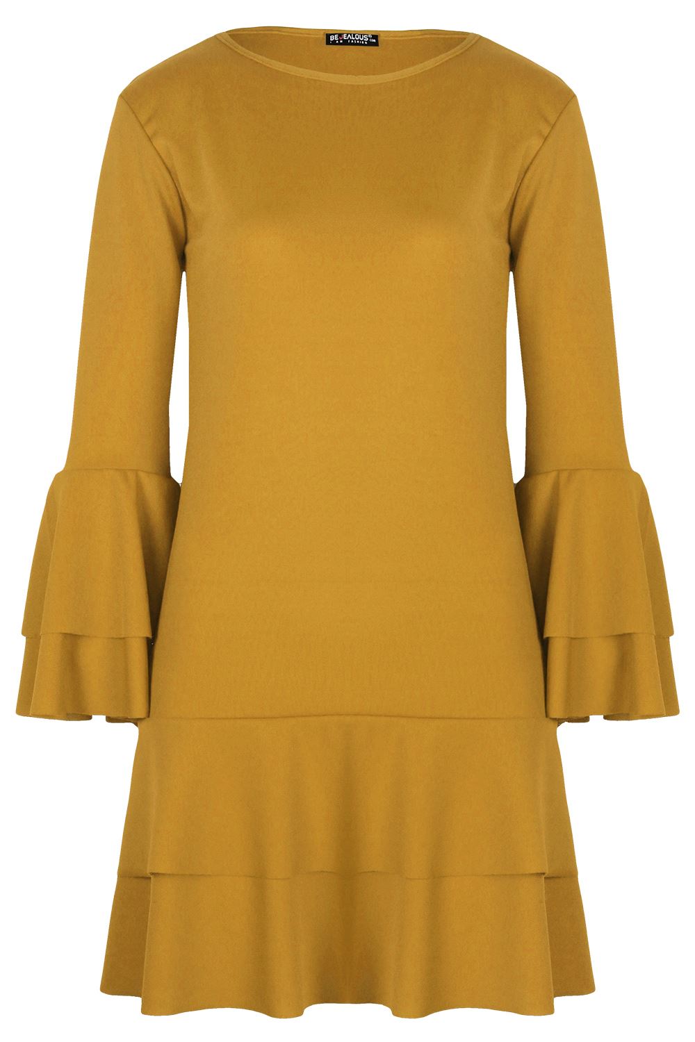 Women Ladies Bell Sleeve Frill Hem Double Frill Bodycon Swing Mini Shift Dress