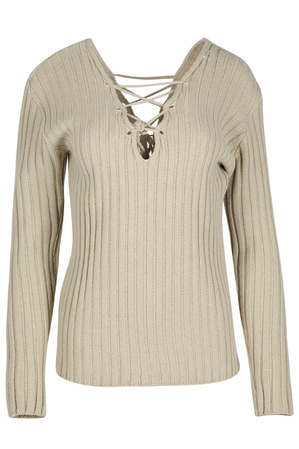New Womens Ladies Rib Knit Front Back Eyelet Lace Up V Neck Pullover Jumper Top