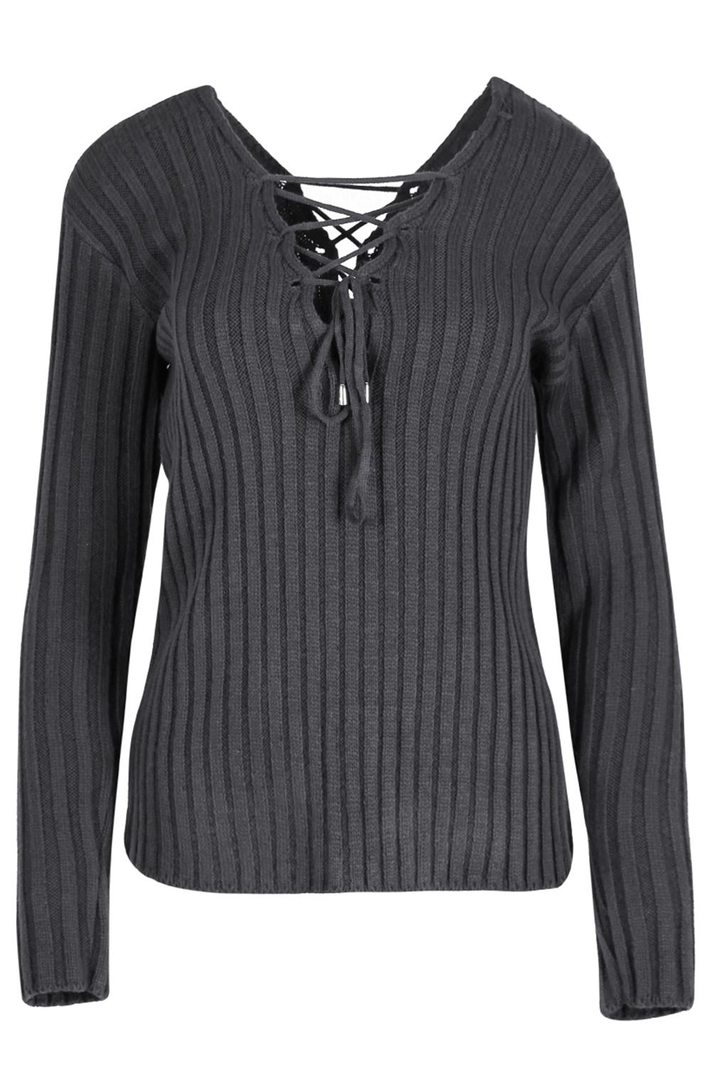 New Womens Ladies Rib Knit Front Back Eyelet Lace Up V Neck Pullover Jumper Top