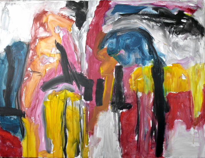 'Lyrical encounter' - een modern, abstract en groot schilderij van Benfo; samen geschilderd door Ben Vollers & Fons Heijnsbroek; te koop