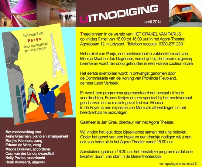 Uitnodiging Presentatie 'Het orakel van Parijs' een beeldverhaal van Monica Maat en Job Degenaar. Agora Theater