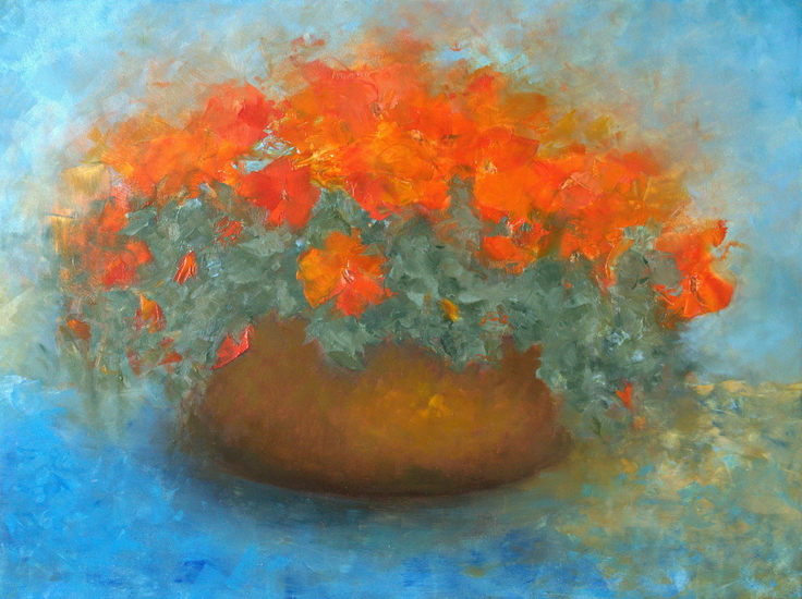 Bloemen in koperen ketel