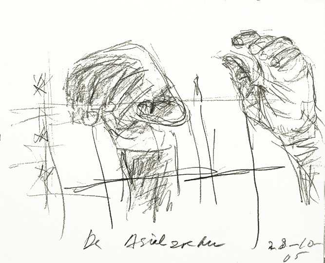 Asylum seeker, over the fence, pnecil-sketch for making a gouache