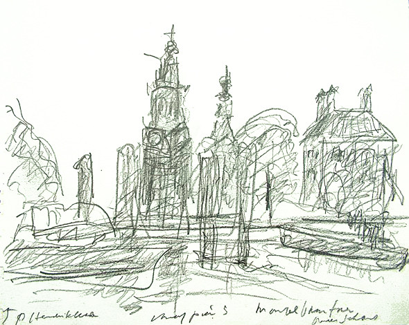 tekening: gezicht op de Oudeschans te Amsterdam met de Montelbaanstoren