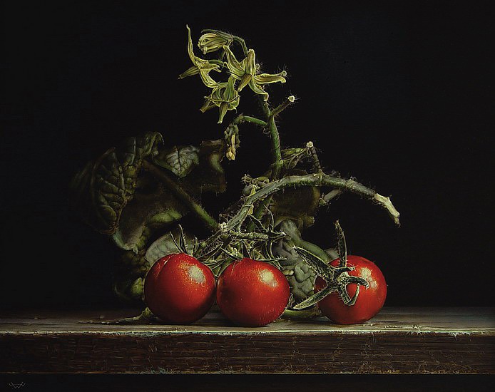 Mini tomaten met bloemen en bladeren.