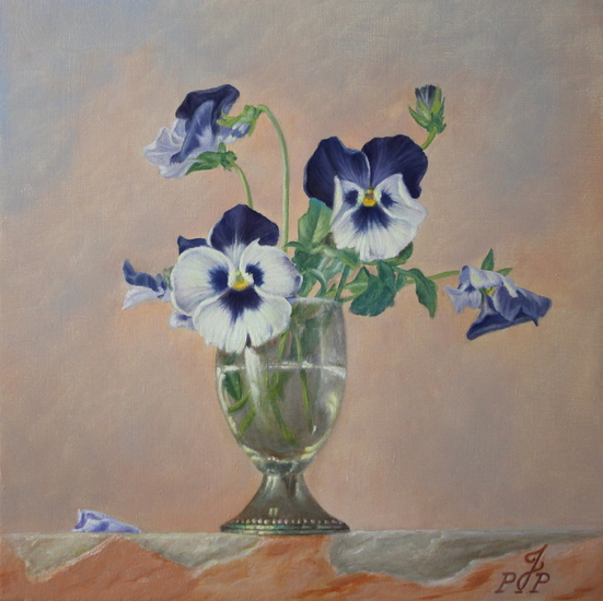 Bloemstilleven 2 Viooltjes in Glas met Zilveren voet