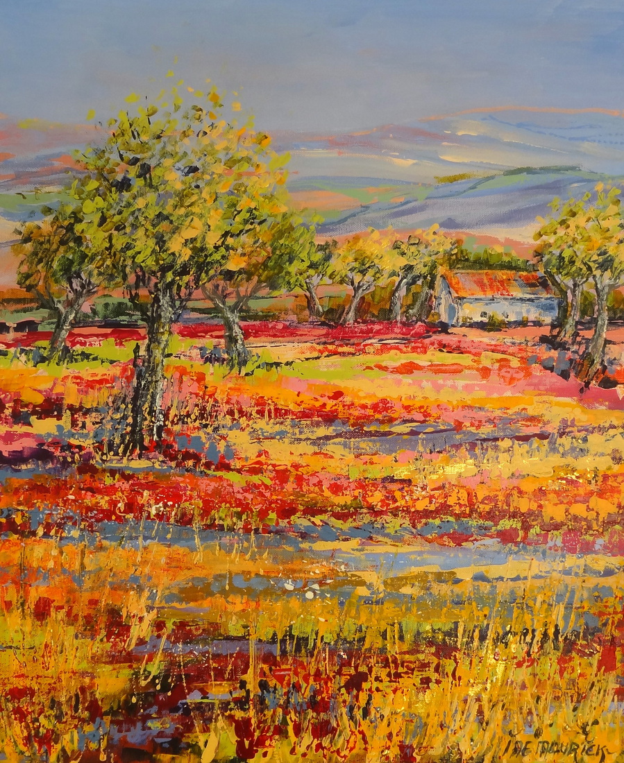Red poppies among the yellow grass