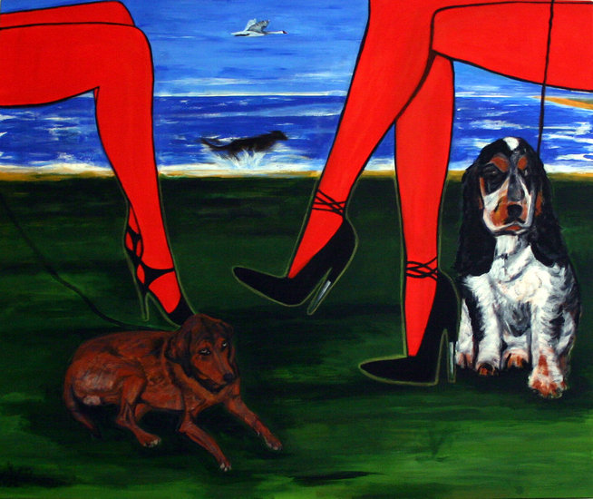 957'TWO WOMEN with Dogs'