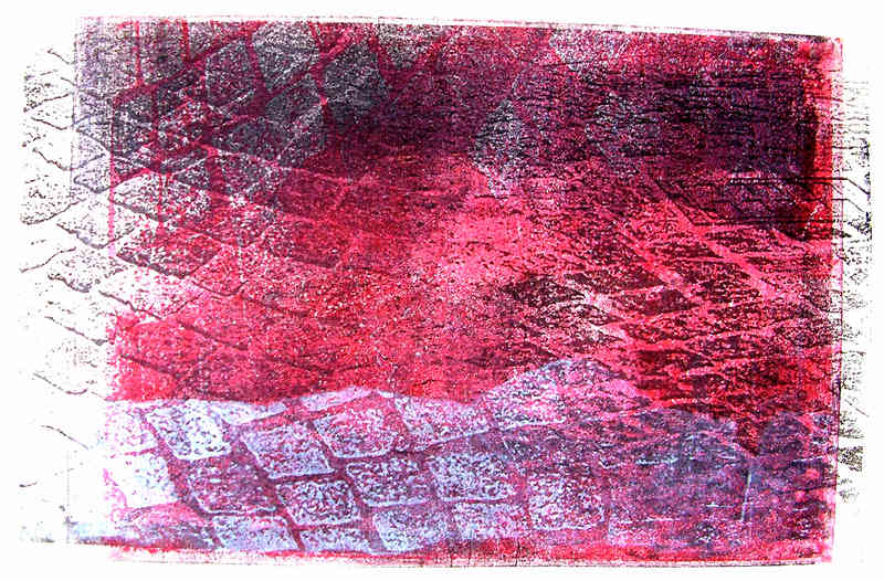 'Bestrating - rode kasseien met wit 1.' - mono-print, grafische kunst