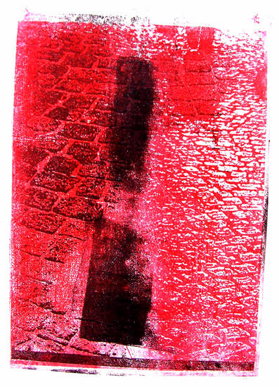 Red cobble-stones with black form - monotype of pavement in the city, graphic art print