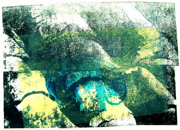Tiles with yellow and blue color - monotype, graphic print;