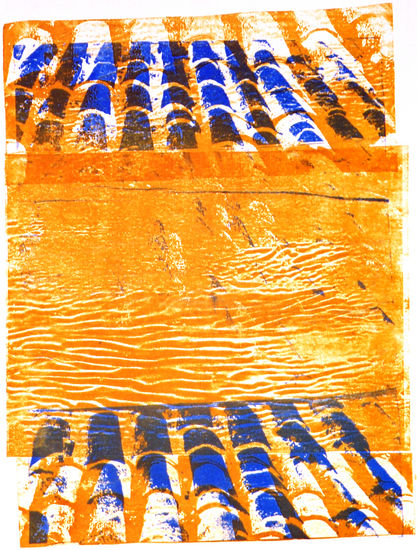 Tiles: structure in yellow ocher and blue forms of tilesre; monotype in printed collage art