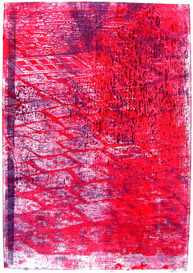 'Rode straatstenen 1.' - mono-print , grafische kunst-print