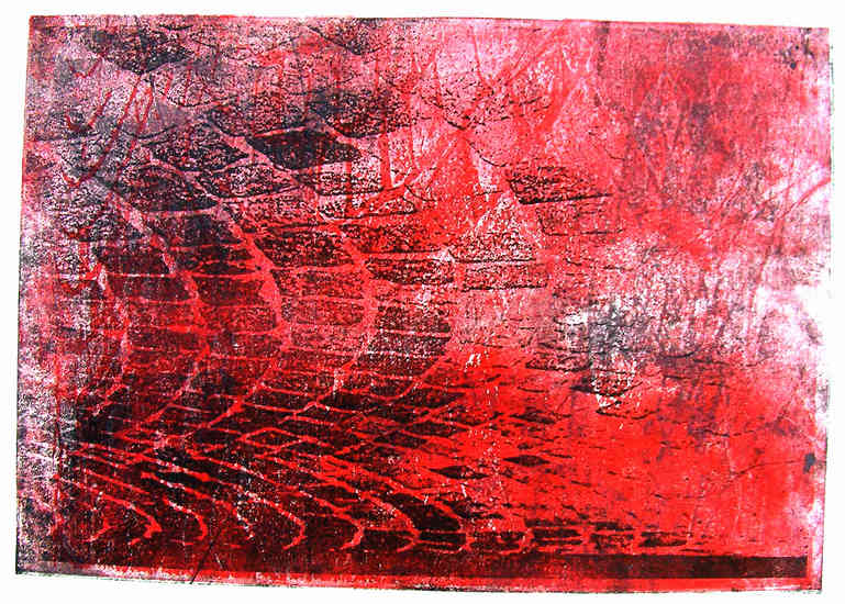 'Bestrating - rood-zwarte straatstenen 1.' - mono-print grafische kunst