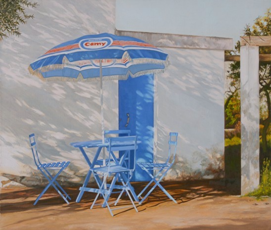 Blauwe stoelen met tafel en parasol #45