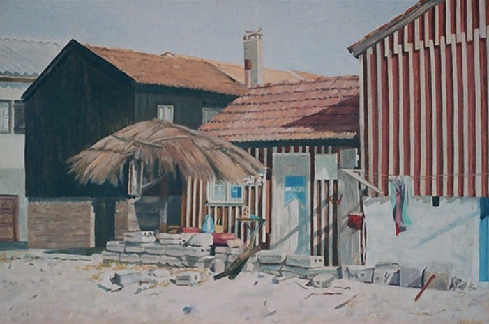 Houten huizen bij zee