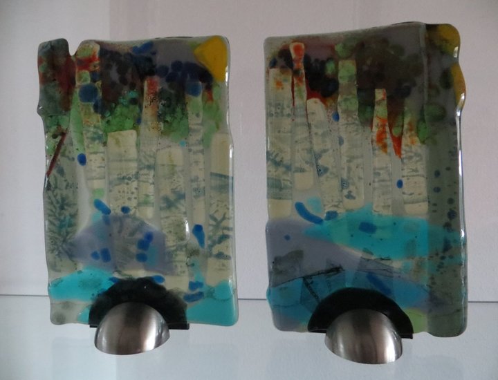 2 Glasschilderijtjes Boszicht