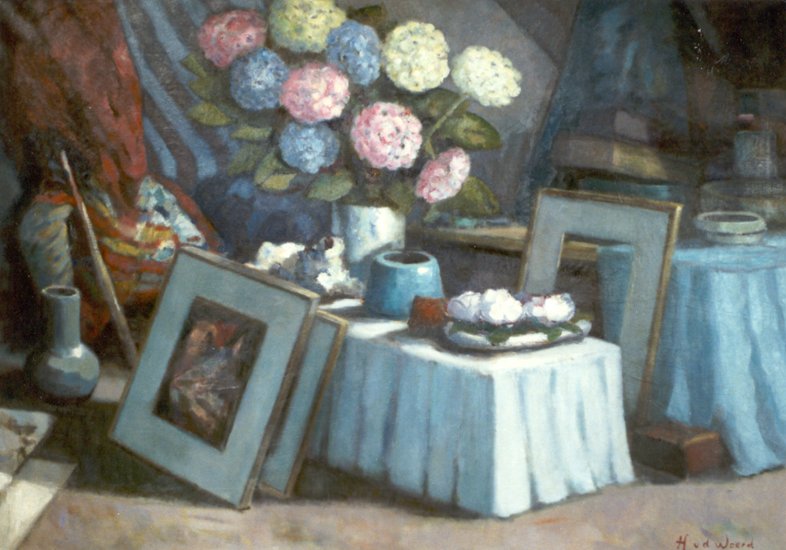 Atelierinterieur met hortensia