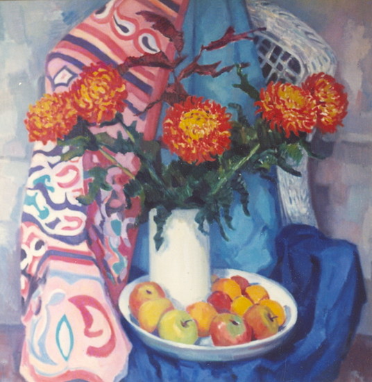 Stilleven met Chrysanten en fruit