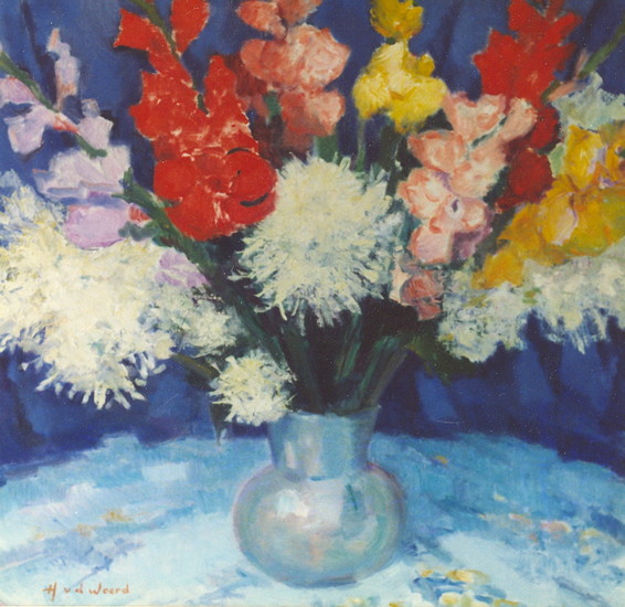 Stilleven met gladiolen en chrysanten