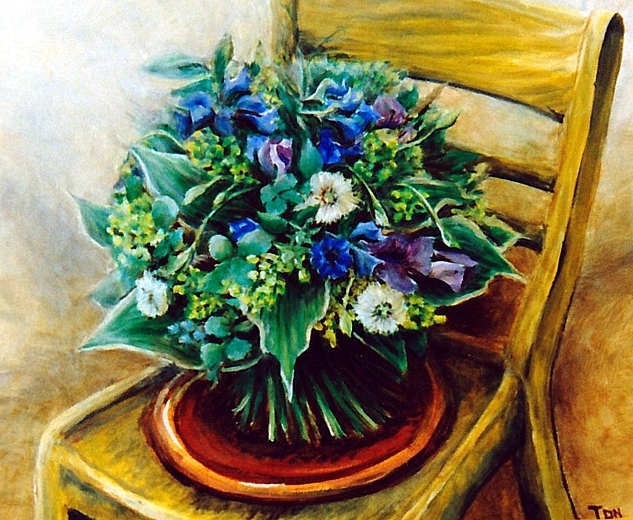Blauw boeket op boerenstoel