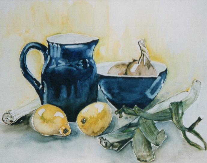 Aquarel stilleven blauw geel MARQUA1108 € 195