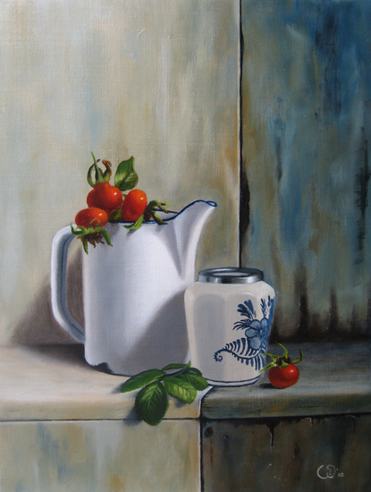 Rozenbottels met Delfts blauw en emaille