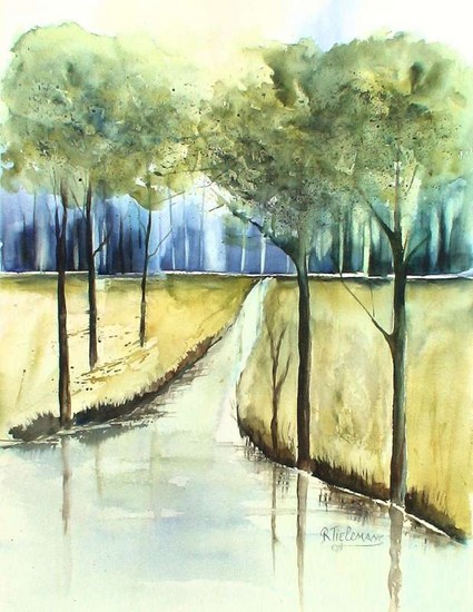 Bosbeek, aquarel van landschap