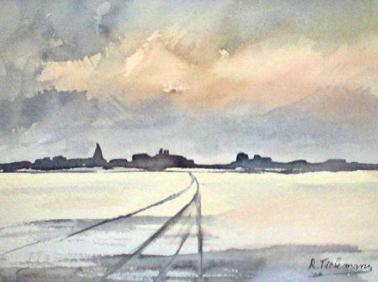 Sneeuwlandschap, aquarel van landschap