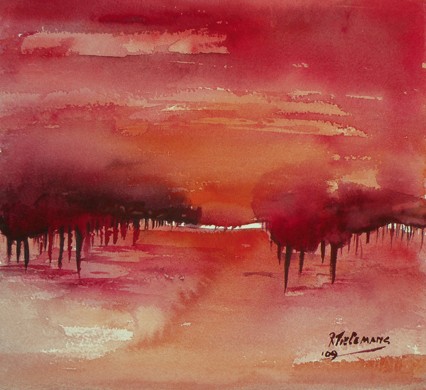 Avondgloed, aquarel van landschap