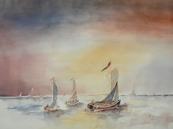 Zeilwedstrijd, aquarel van landschap