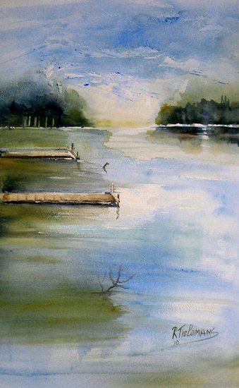 Steigers aan de Rivier, aquarel van landschap