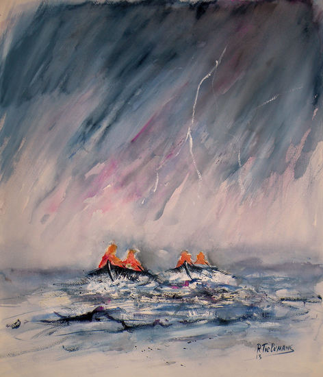 Reddingssloepen, aquarel van sloepen