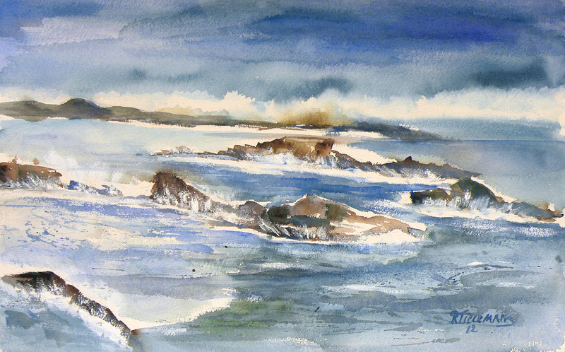 Rotsen in de Branding, aquarel van landschap