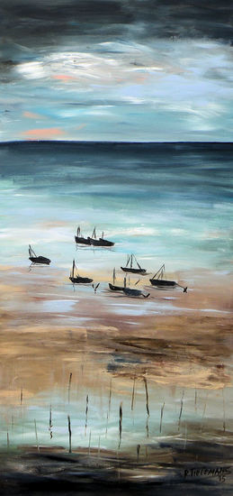Wachten op Hoog Tij, acrylverf schilderij van zeegezicht